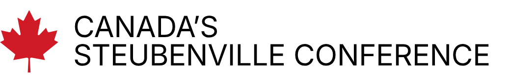 A red maple leaf with Canada's Steubenville Conference in a sans serif font.