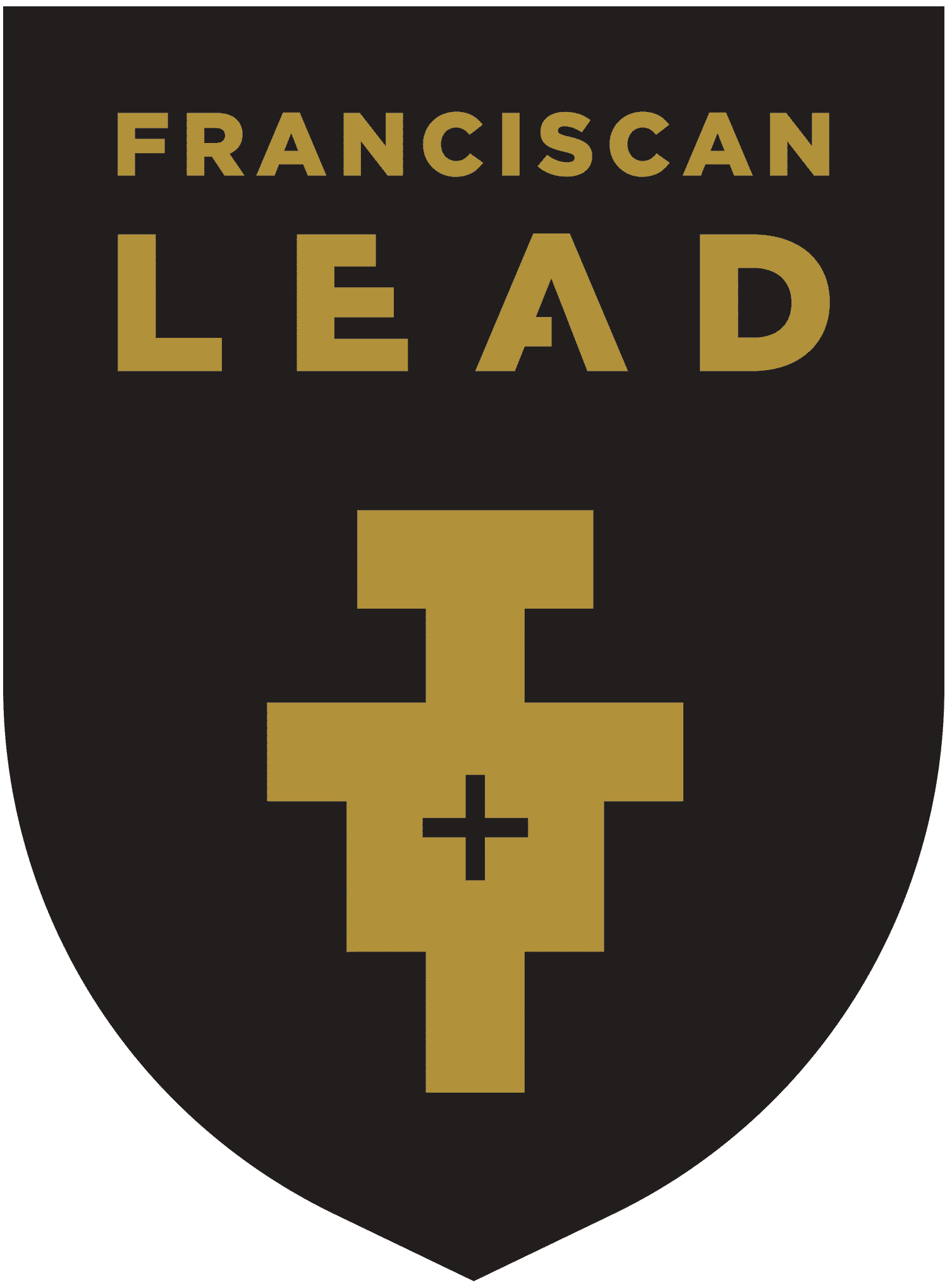 Black shield-shaped emblem with gold text and symbols. The text at the top reads 'FRANCISCAN LEAD', with a gold cross below, intersected by a stylized gold figure with a plus sign in the center.