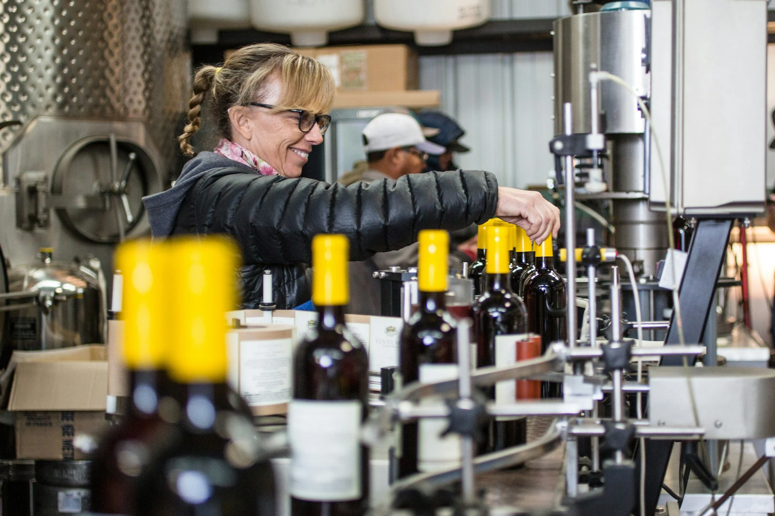 winery workers bottling wine