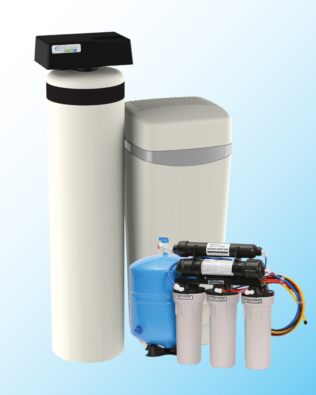 A Hague water softener and reverse osmosis bundle photo. Showing the two pieces of residential water treatment you would get with our bundle deal.
