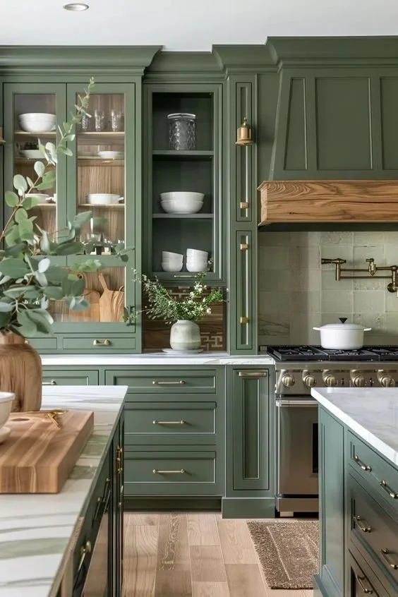 Premium cabinet refinishing – green kitchen cabinets, Strata Coating Seattle