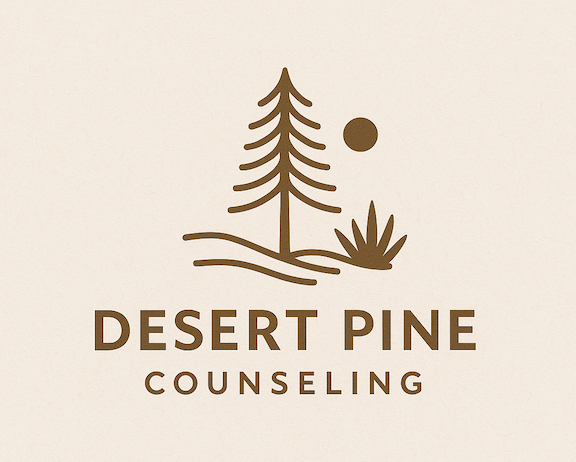 Logo of Desert Pine Counseling featuring a stylized pine tree, a circle representing the sun, and desert plants.