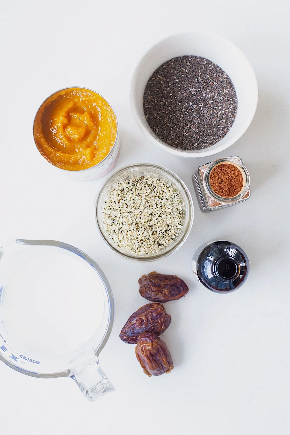 Ingredients for pumpkin chia hemp seed pudding arranged on a white surface — pumpkin purée, chia seeds, hemp seeds, dates, cinnamon, vanilla, and almond milk.