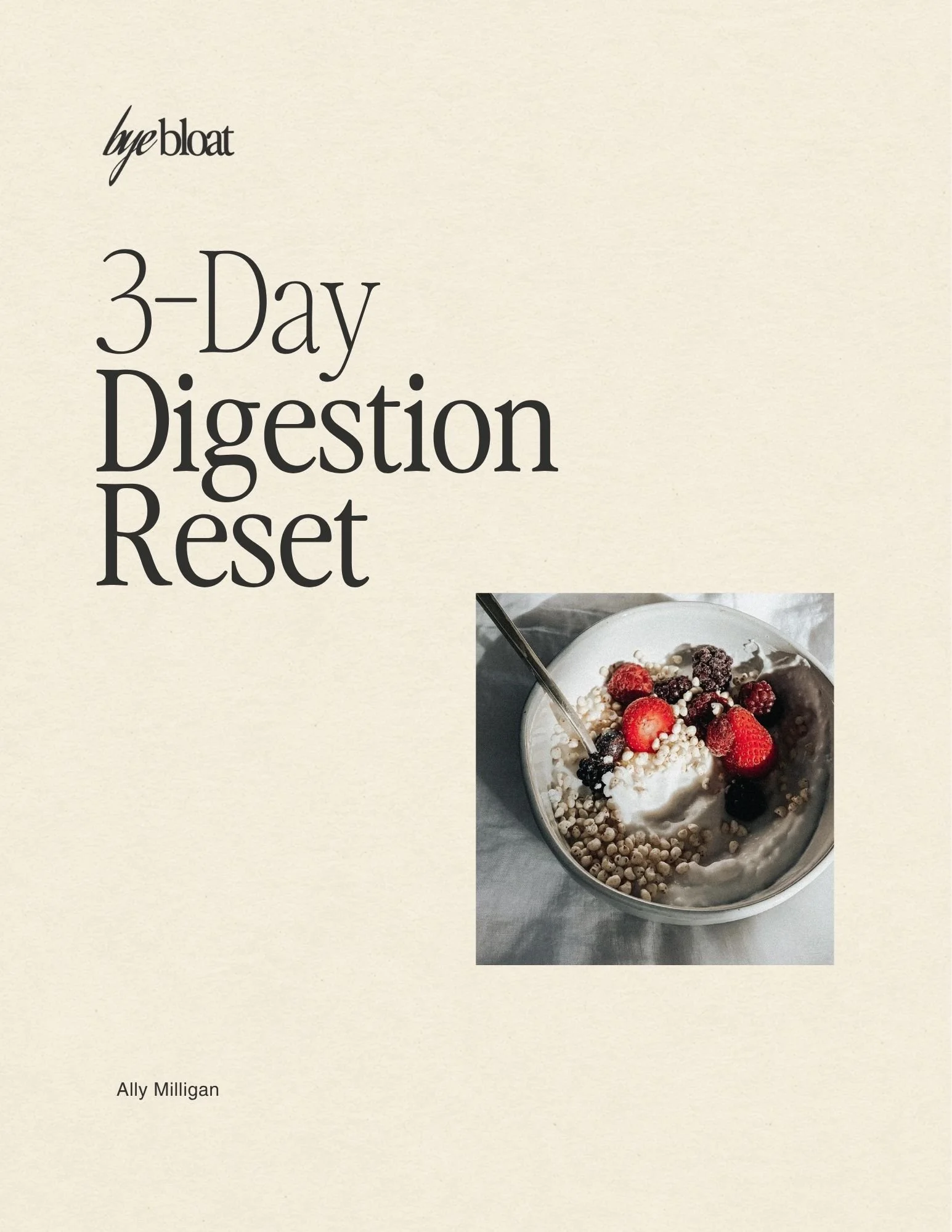 A book cover titled "3-Day Digestion Reset" by Ally Milligan with a photo of a bowl of yogurt topped with various berries and granola.