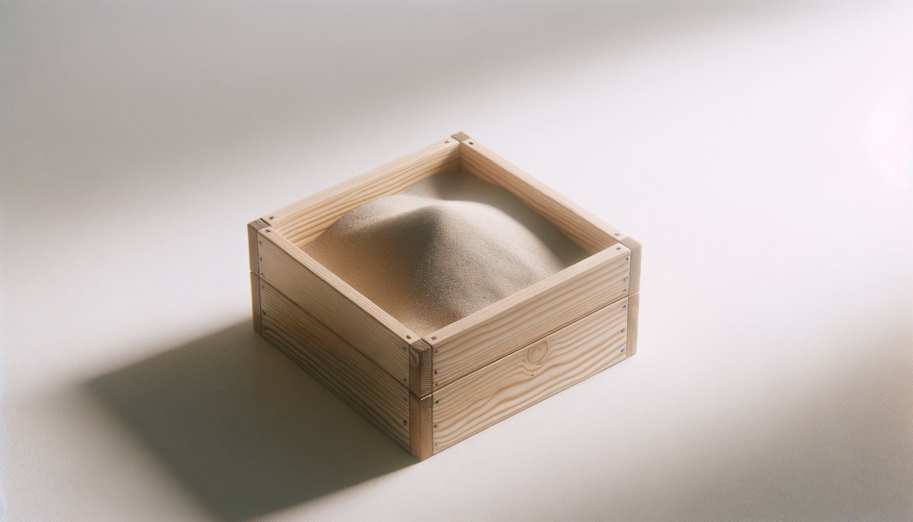 A wooden square box filled with sand, placed on a light-colored surface with shadows cast on the side.
