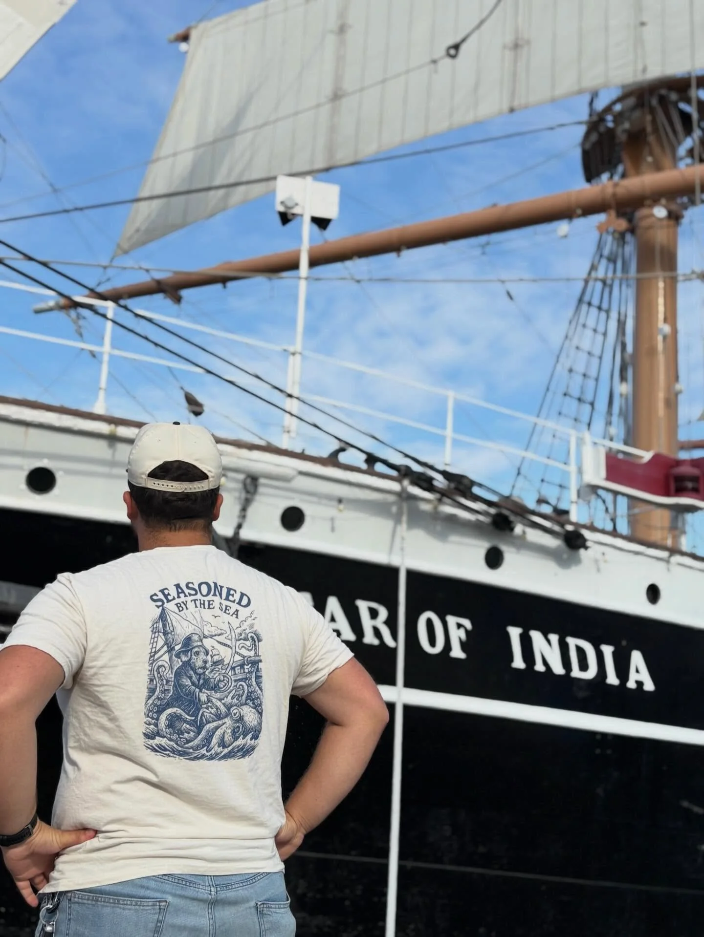 Even the Star of India tips her sails to Leroy&rsquo;s crew. 🏴&zwj;☠️ Seasoned by the sea, San Diego born.

-
#SanDiegoPirates #SeaDogCrew #LocalVibesSD #BeachTownStyle #PirateMerchandise #OceanAdventure #SanDiegoLiving #SeaDogBrand #WestCoastStyle 