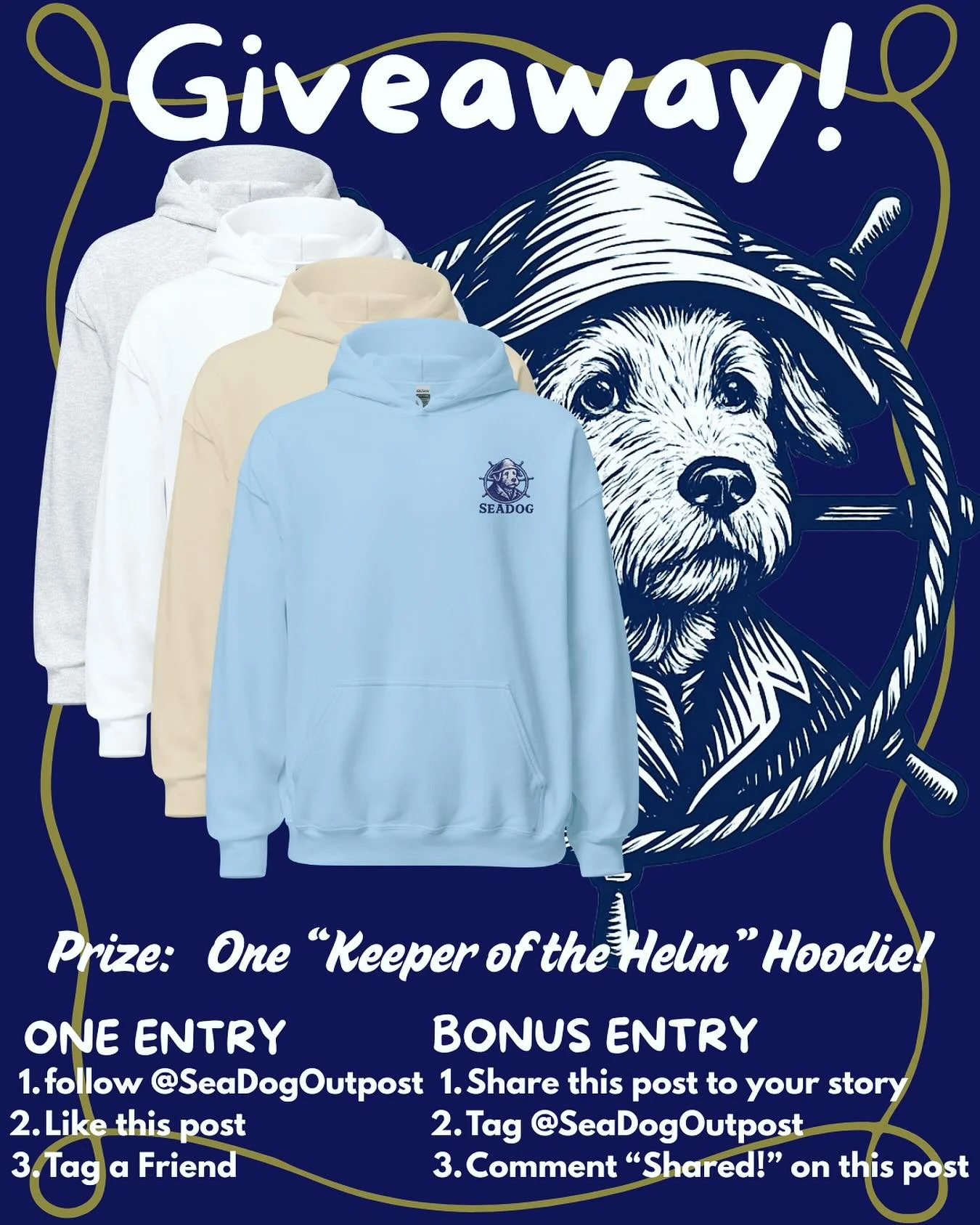 🏴&zwj;☠️ Ahoy, crew! The first SeaDog Giveaway be live! ⚓️
One lucky scallywag will win a Keeper of the Helm Hoodie in the color of their choice!
Hoist yer sails and enter before the tide runs out &mdash; full rules await at seadogoutpost.com (link 