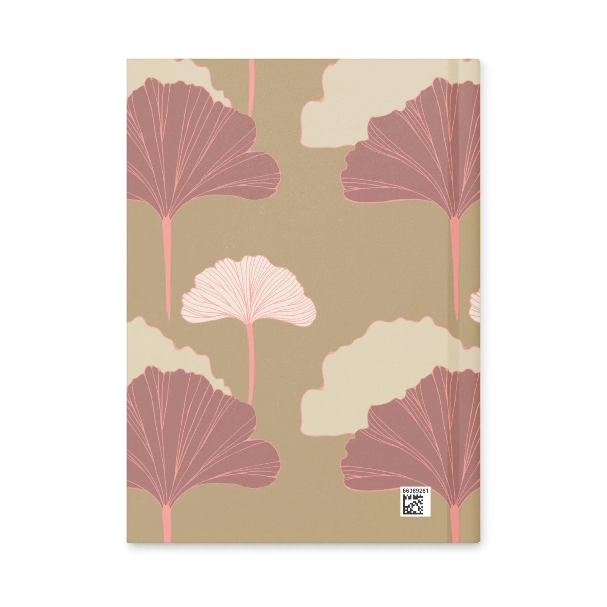 Back and spine of the Blush Canopy journal with repeating ginkgo leaf pattern in soft earthy tones