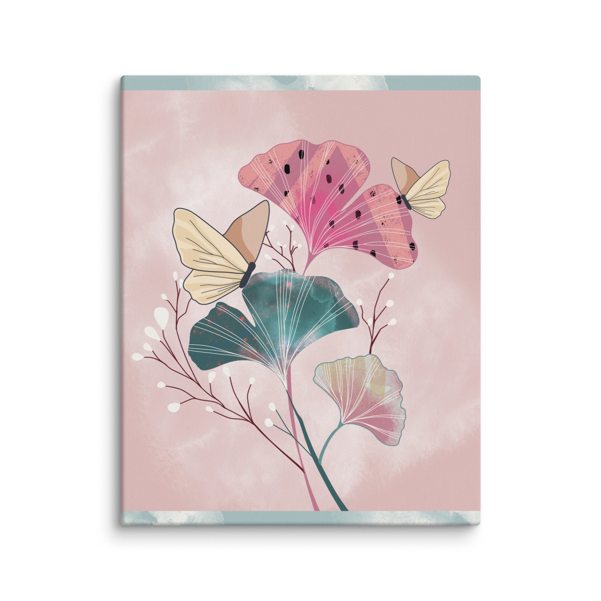 Illustrated botanical canvas print with butterflies and ginkgo leaves in blush, teal, and cream on a soft pink background.