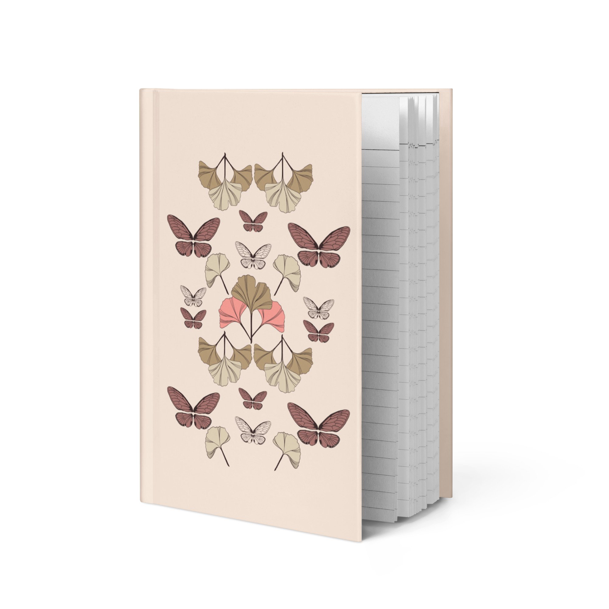 Ginkgo and Wing botanical hardcover journal with butterfly and ginkgo leaf design, shown from an angled side view with visible lined pages.
