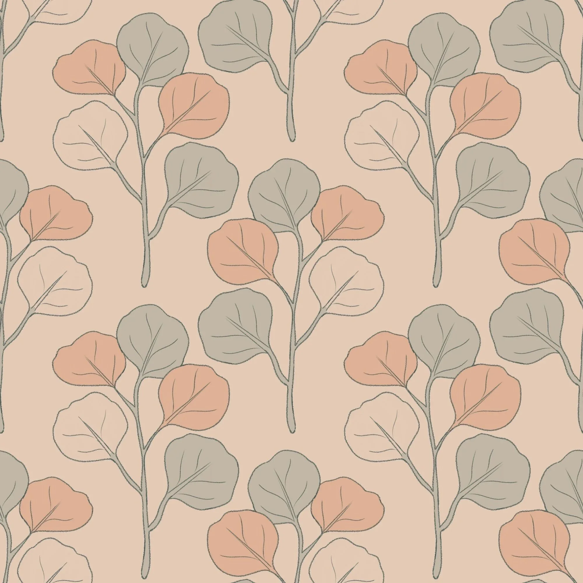 A seamless pattern of stylized leaves in muted green, peach, and beige tones on a light pink background.