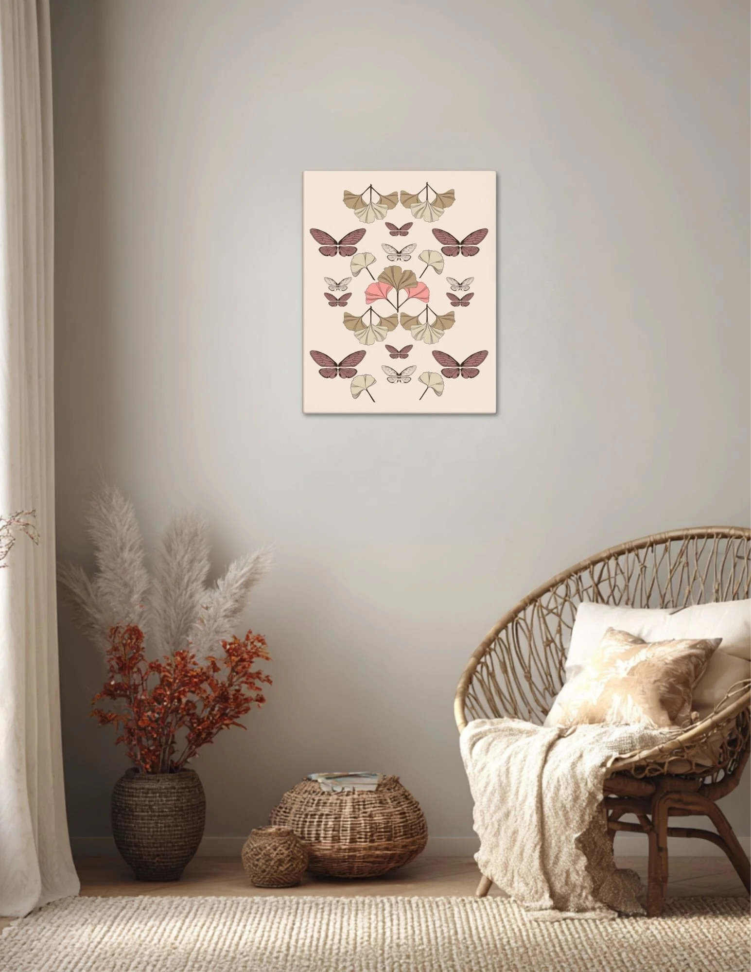 Large butterfly canvas print displayed in a cozy corner with a wicker chair, pampas grass, and warm lighting