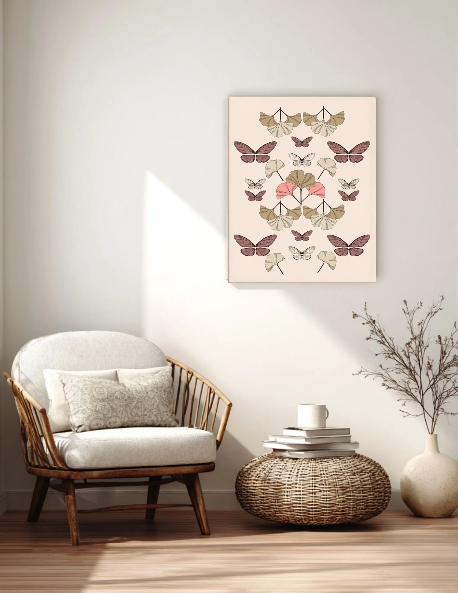 Butterfly wall art hanging in a softly lit reading nook with an armchair and ceramic vase