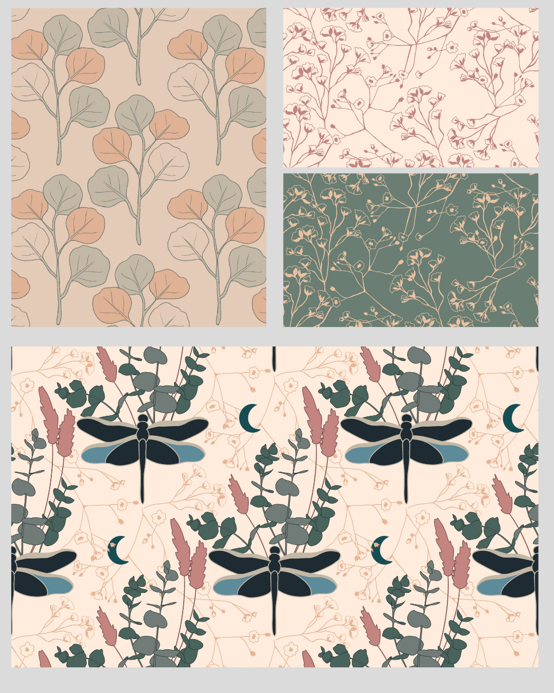 A collage of four patterns featuring botanical and insect designs in muted pastel tones. One pattern has stylized leaves in shades of beige, peach, and gray. Another has small flowering branches in pink and maroon. A third features flowering branches in dark green with beige accents. The last showcases large dragonflies among foliage and crescent moons in black, peach, and dark green on a beige background.