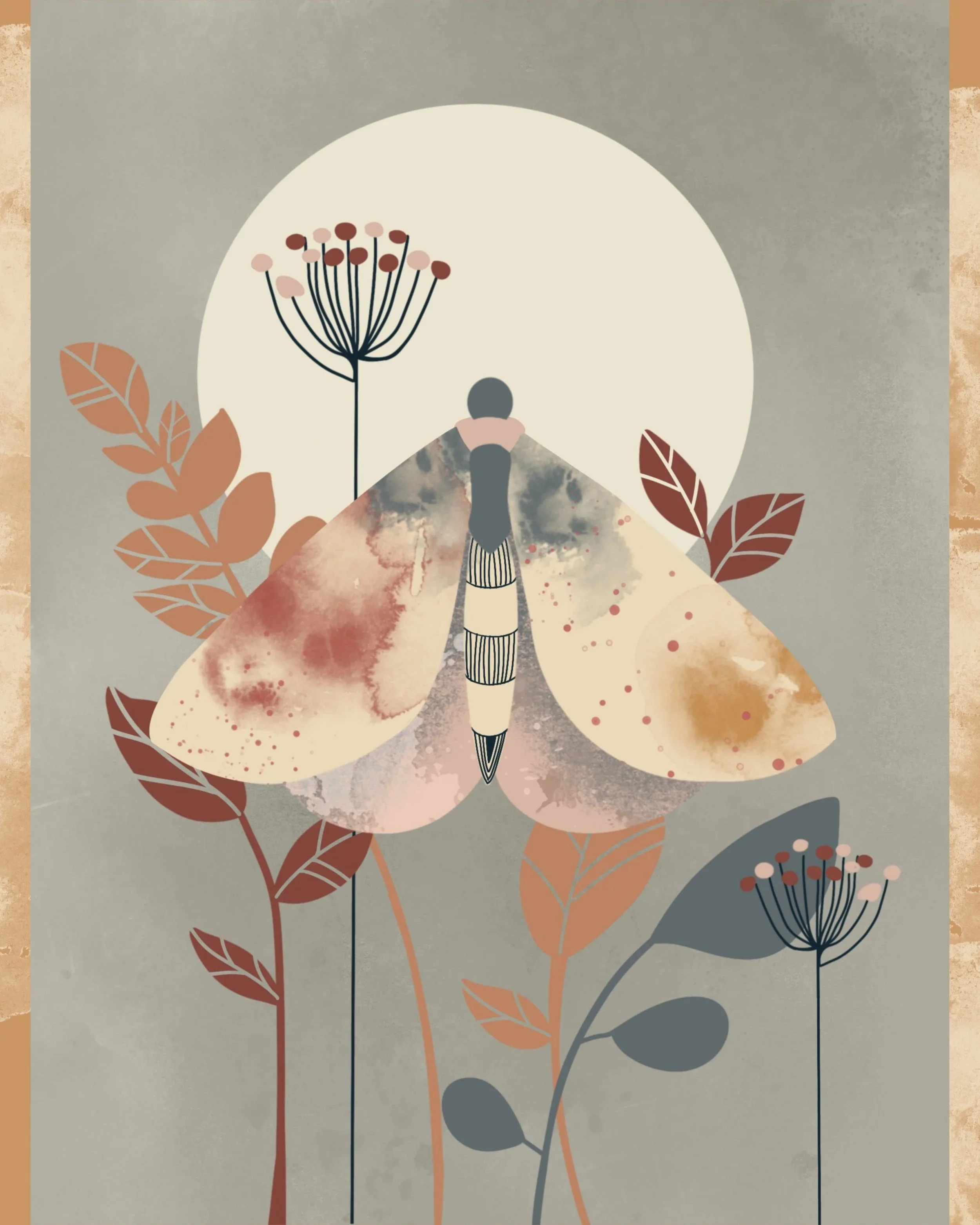 Abstract illustration of a moth with earthy colored wings, surrounded by stylized plants and flowers, with a large white moon or sun in the background.