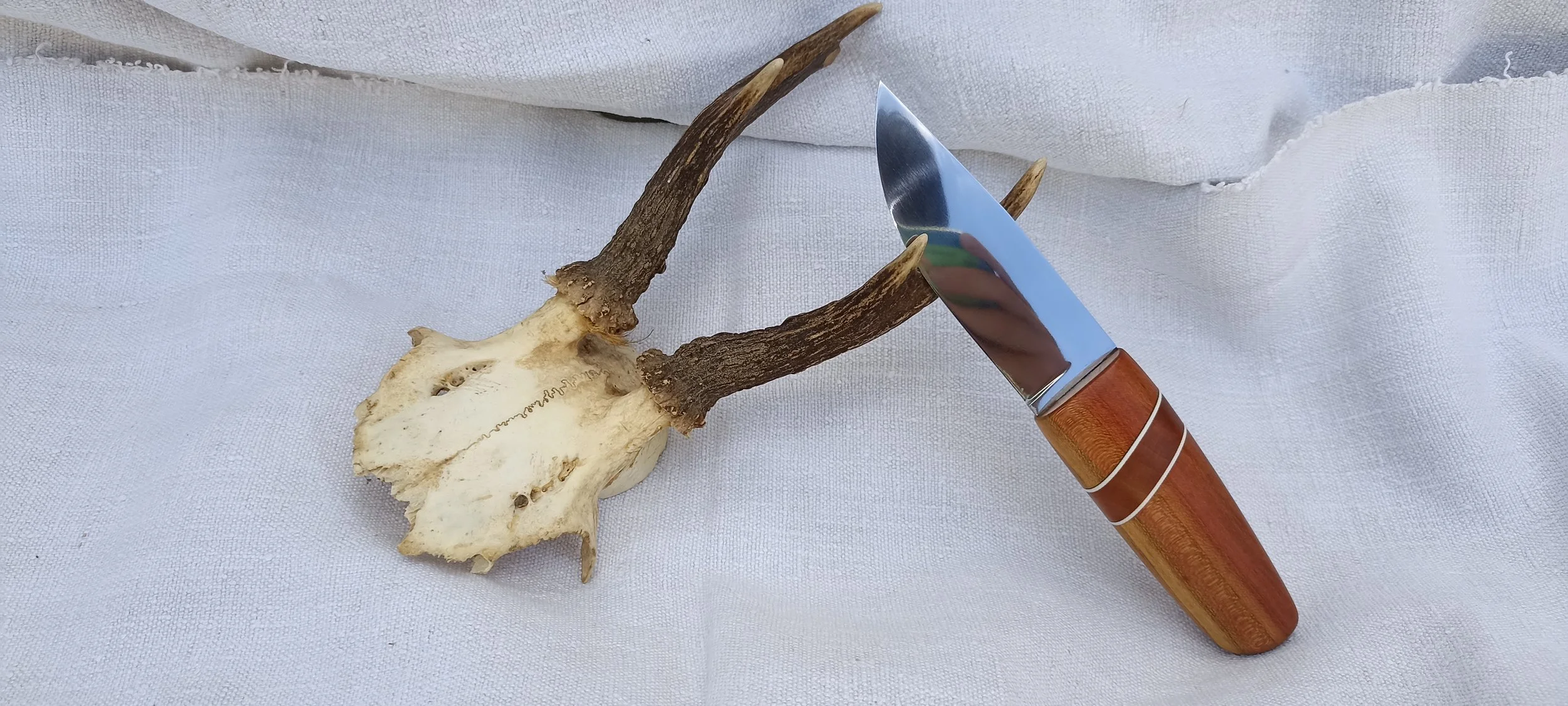 Ein Geweih mit drei Hörnern liegt auf weißem Stoff neben einem Küchenmesser mit Holzgriff.