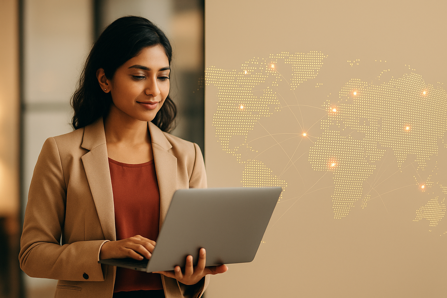 A young woman with dark hair using a laptop, standing in front of a digital world map with glowing connection points.