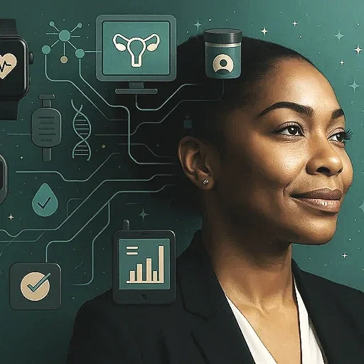 A woman in business attire stands in front of a digital background with health, DNA, and data analysis icons.