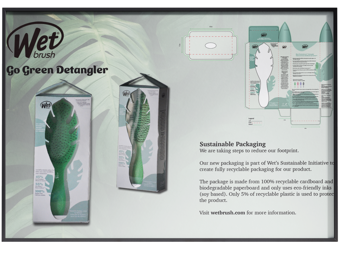 Display of Wet Brush Go Green Detangler packaging with illustrations and information about eco-friendly materials and recycling, including a diagram of the product and its packaging on a leaf-themed background.