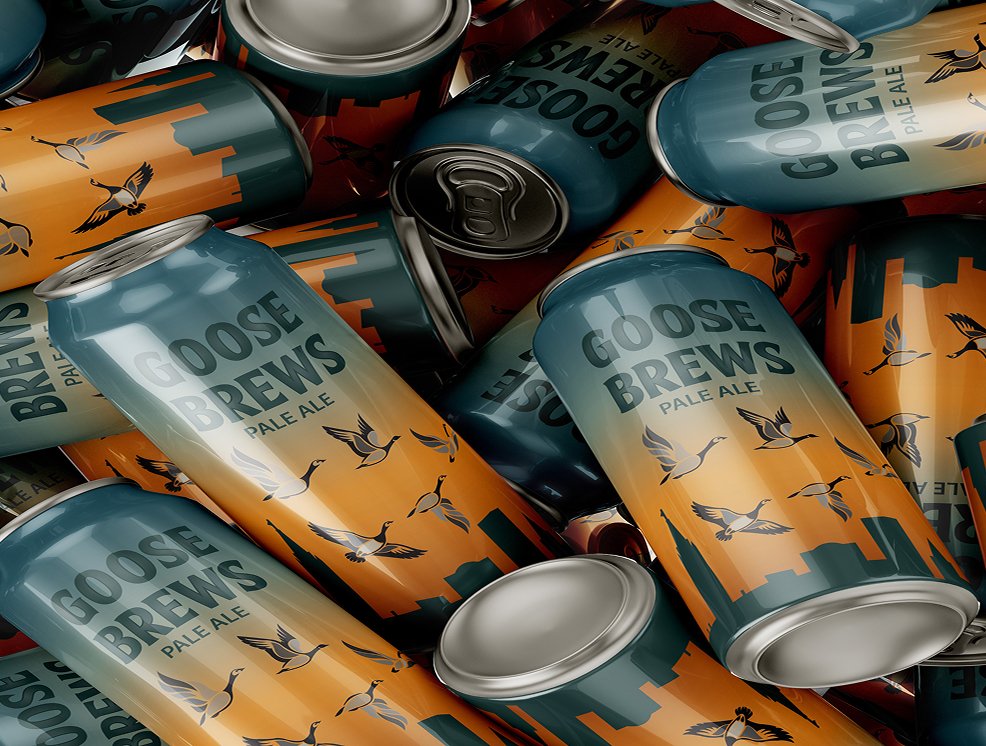 Cans of Goose Brews Pale Ale with sunset, city skyline, and flying geese design.