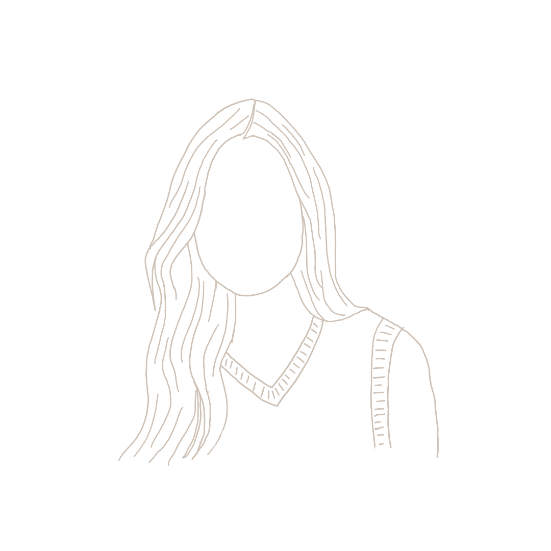 Line drawing of a woman with long wavy hair wearing a V-neck sweater with a patterned collar and sleeveless vest.