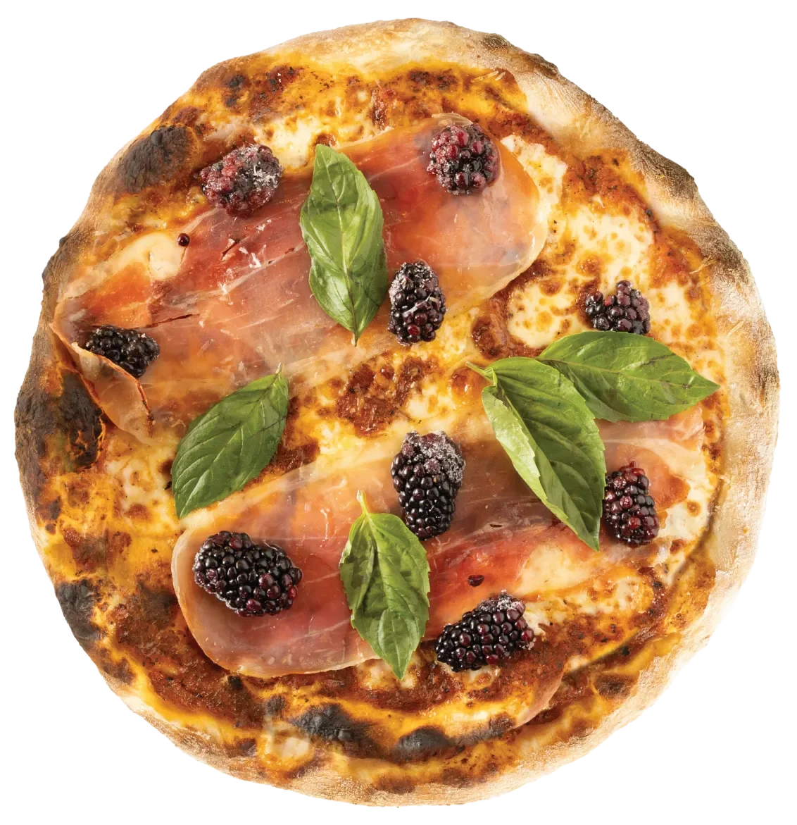 A pizza topped with prosciutto, blackberries, fresh basil leaves, and melted cheese.