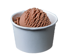 Two scoops of chocolate ice cream in a white paper cup