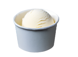 A cup of vanilla ice cream with a scoop on top.