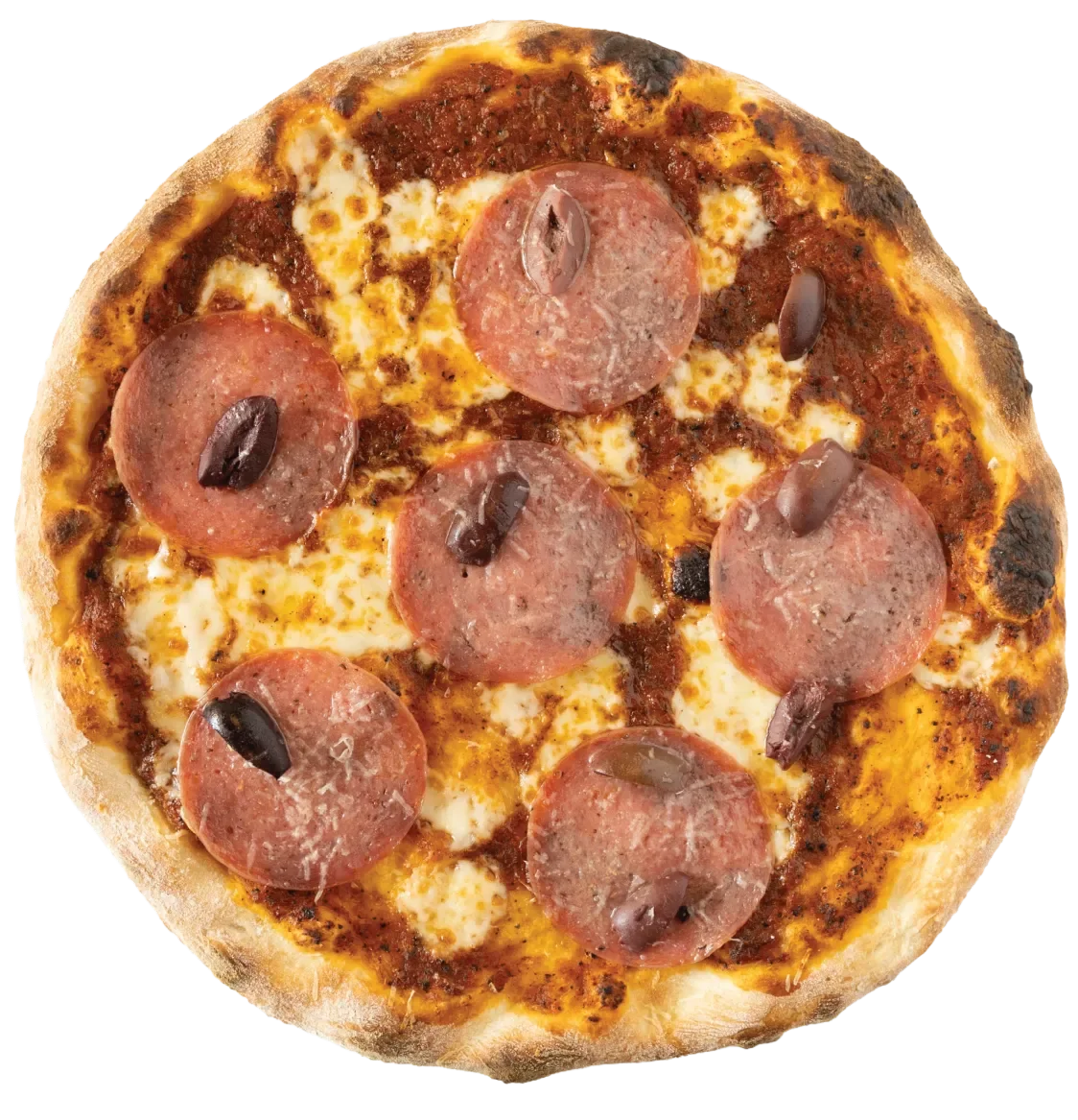 A pepperoni pizza topped with black olives.