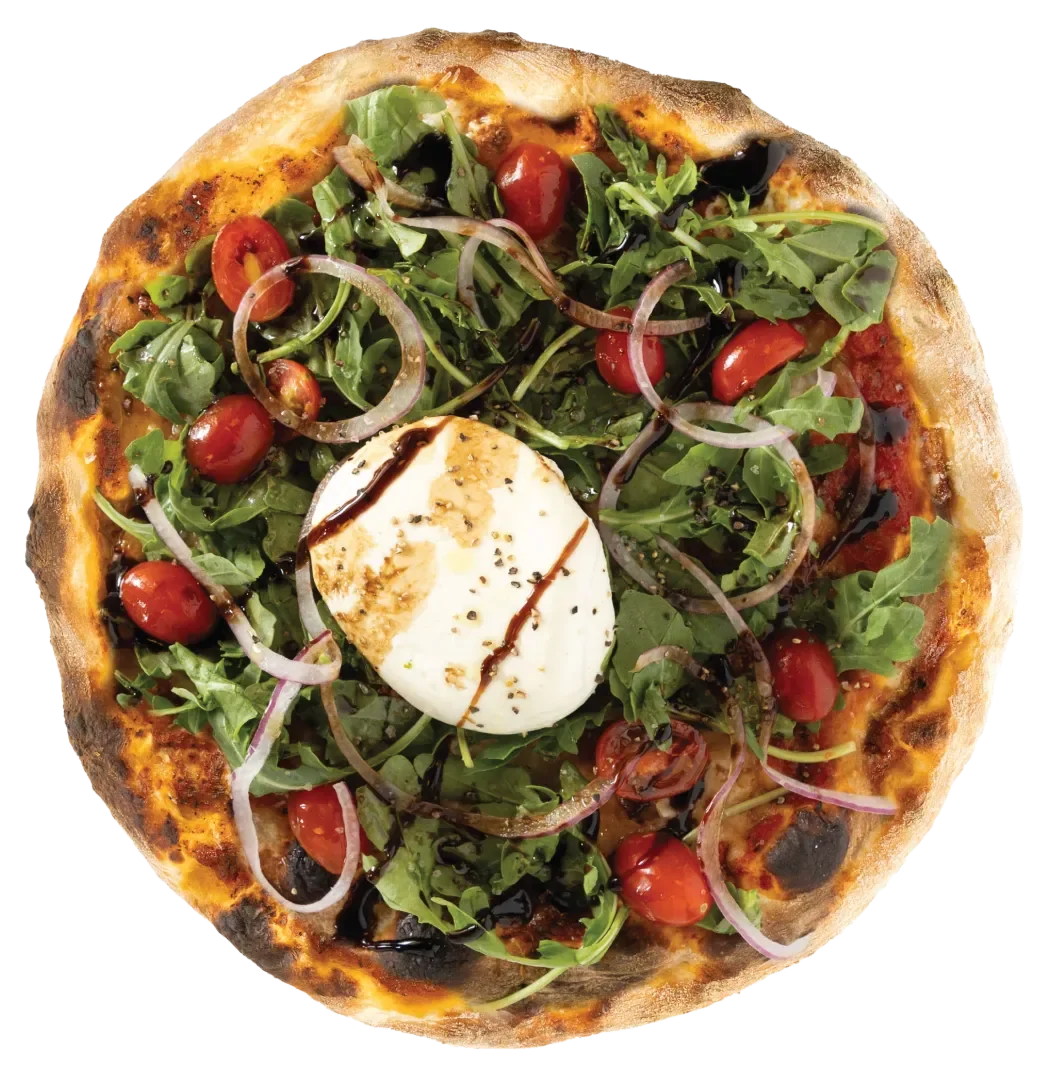 Pizza topped with cherry tomatoes, arugula, thin onion slices, a poached egg, and balsamic glaze.