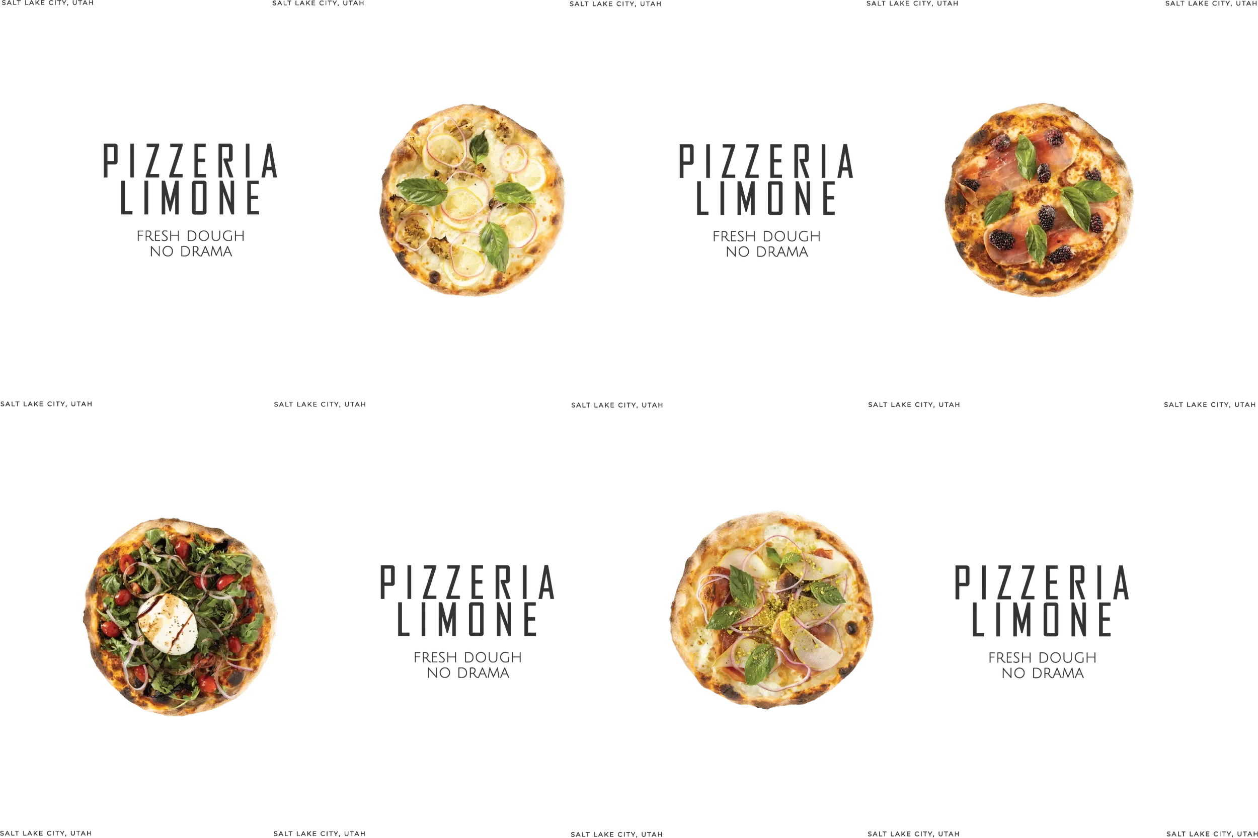 Multiple pizzas with various toppings displayed on a black background, with Pizzeria Limone logo and slogan 'Fresh Dough No Drama'.