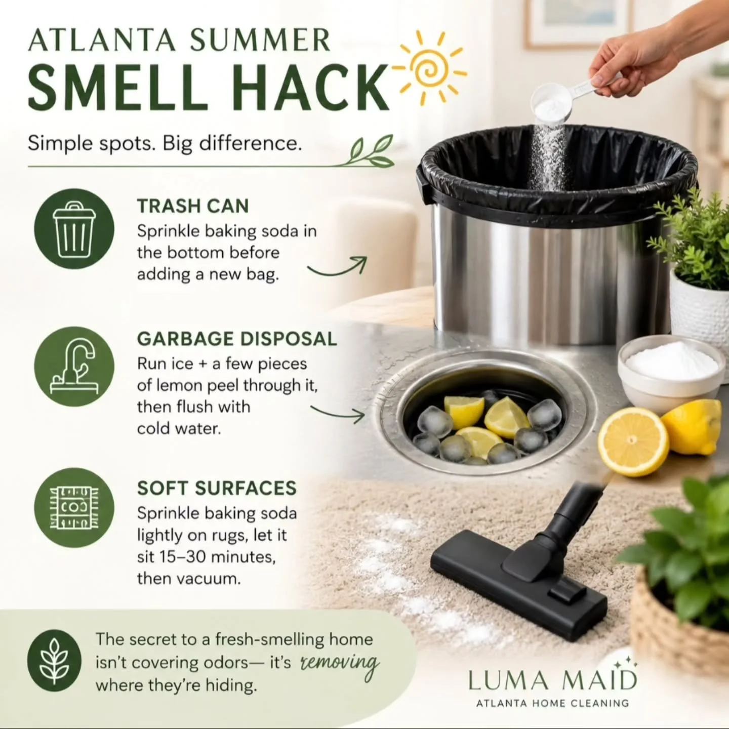 ☀️ ATLANTA SUMMER SMELL HACK 👃✨

Does your home get a little funky when it&rsquo;s hot and humid outside?

Before reaching for air freshener, check these 3 hidden odor spots:

🗑️ Trash can: Sprinkle baking soda in the bottom before adding a new bag