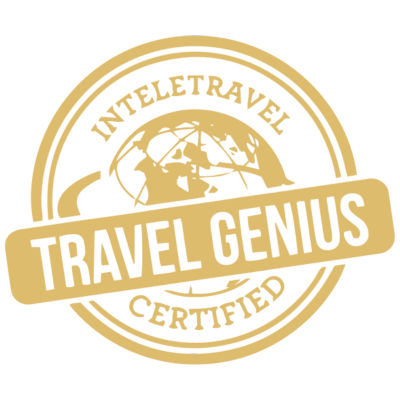 Seal with globe and airplane, reading 'Travel Genius Certified' and 'Intelligent Travel'.