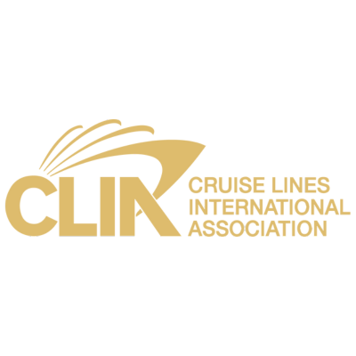 Logo of Cruise Lines International Association with a stylized ship and text in gold.