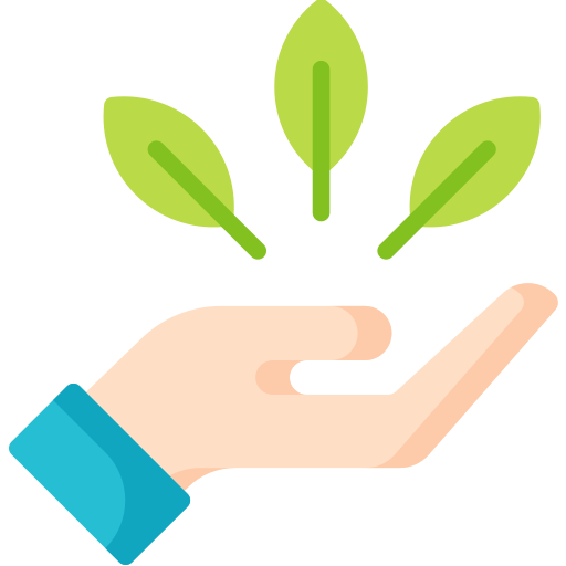 A hand holding three green leaves or plant sprigs.