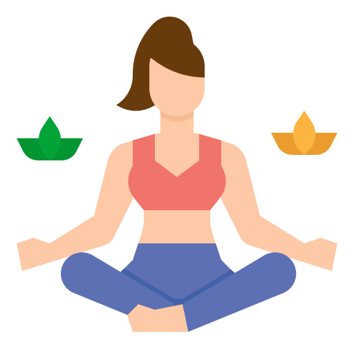 A woman sitting in a cross-legged meditation pose with a green leaf symbol on the left and an orange flame symbol on the right.