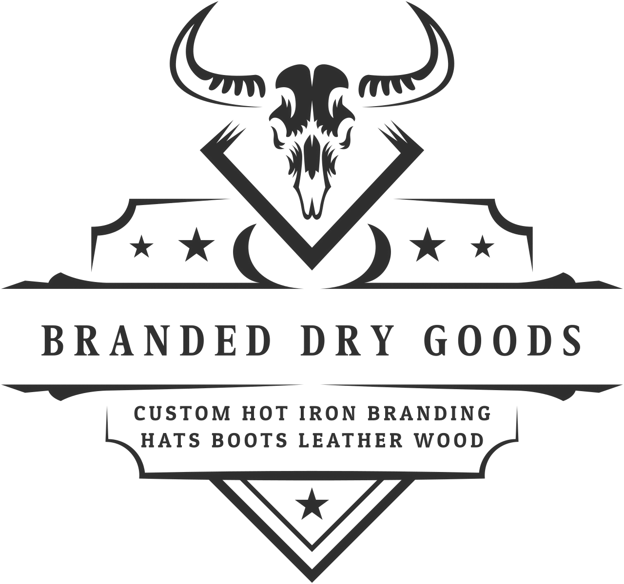 Black and gray logo featuring a bull skull with horns and a diamond shape around it, stars on the sides, and text promoting branded dry goods, custom hot iron branding for hats, boots, leather, and wood.