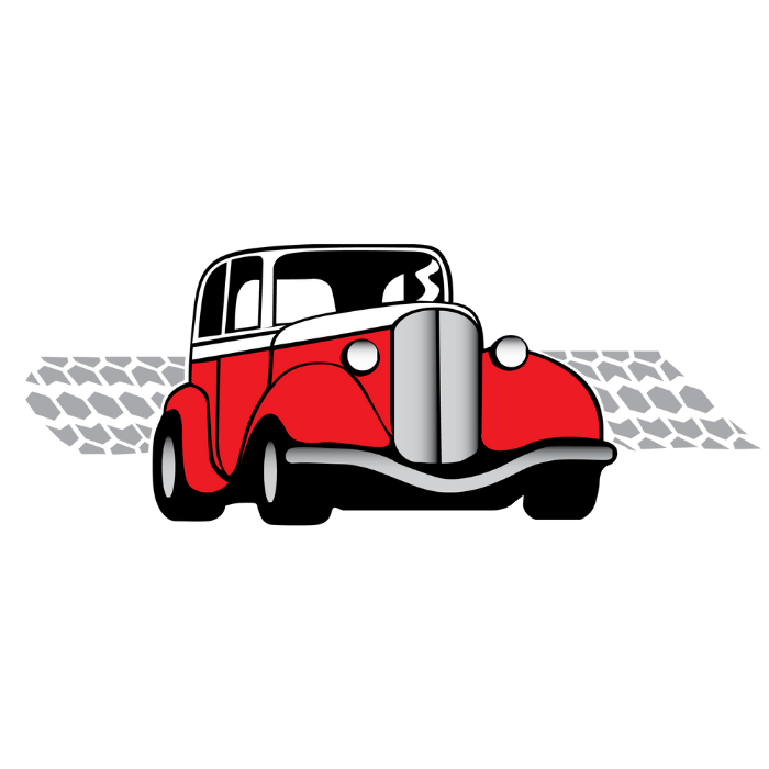 A vintage red and white car with a rounded body and large front grille, parked on a cobblestone street against a dark background.