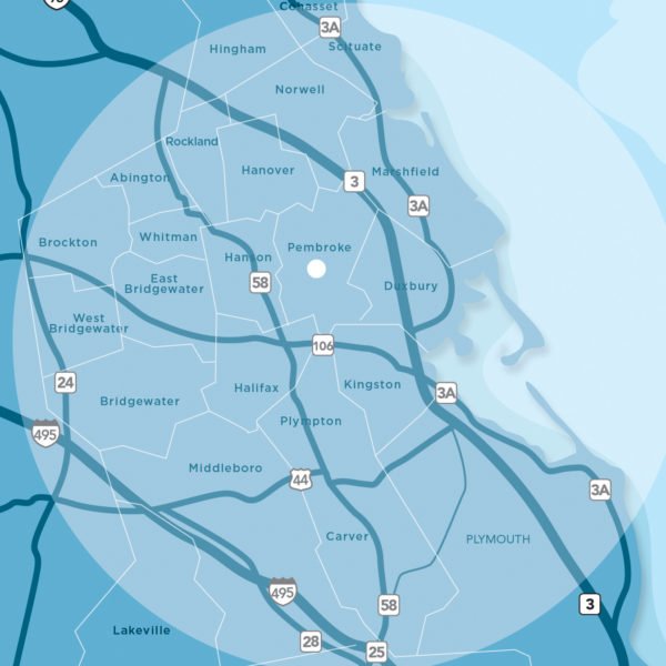 Map of a coastal area showing cities, highways, and waterways, including Bridgewater, Middleboro, and Plymouth, Massachusetts.