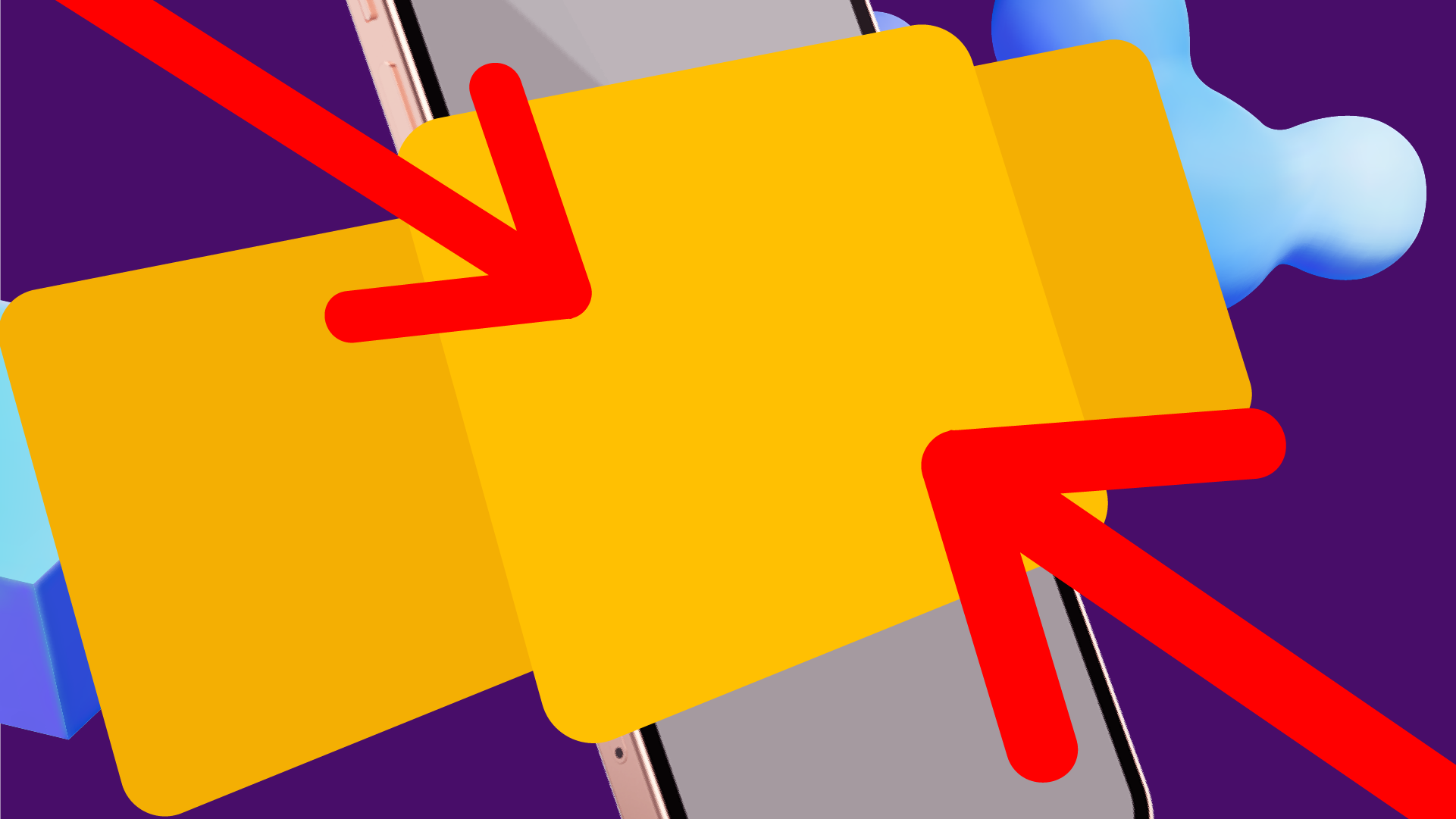 Close-up of a smartphone with overlayed yellow rectangles and red arrows pointing at the rectangles on a purple background.