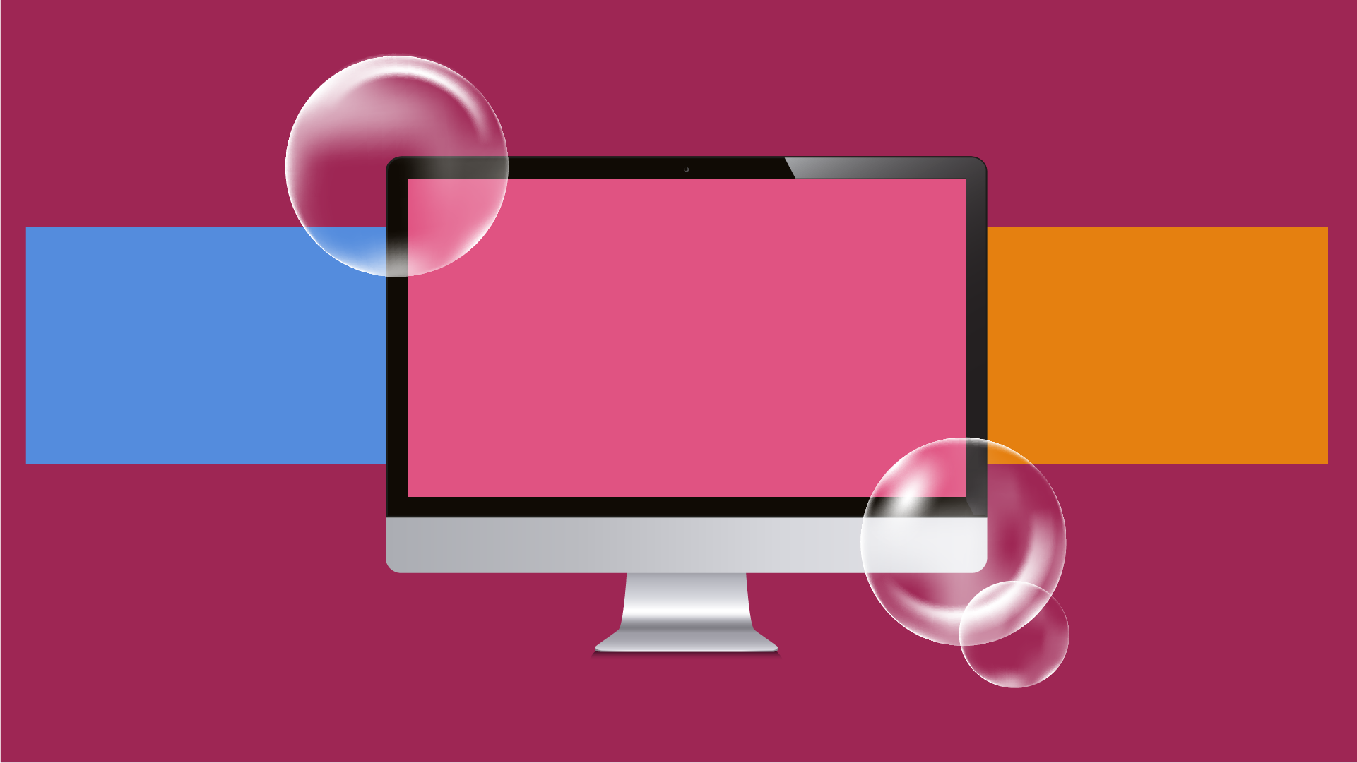 Digital artwork of a computer monitor with pink screen, set against a black background with overlapping colored rectangles in blue, pink, and orange, and transparent bubbles.