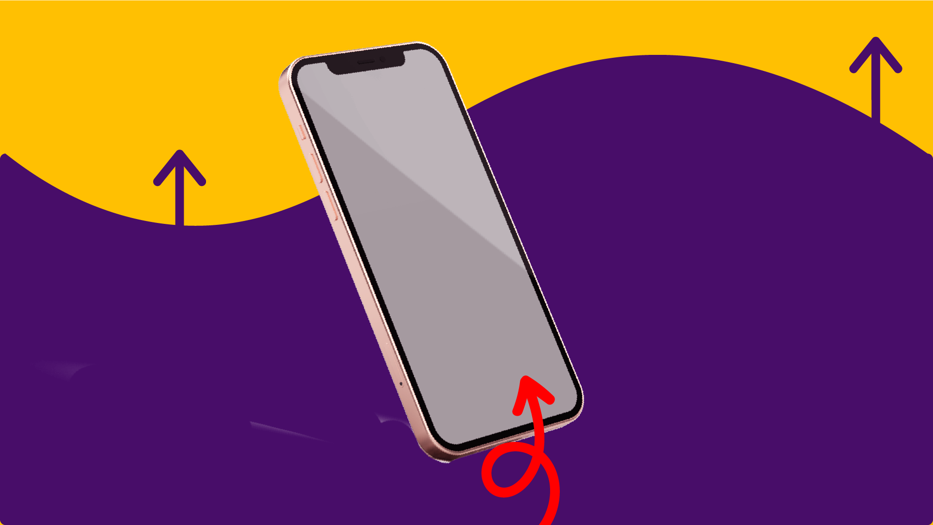 A smartphone tilted at an angle with a red arrow pointing to it, set against a colorful background with purple and yellow waves and upward arrows.