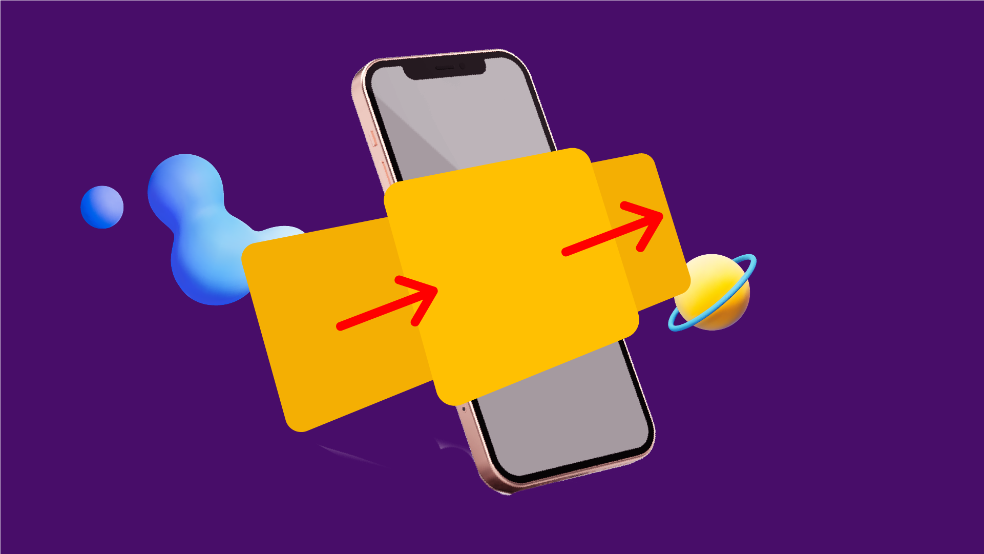 A smartphone surrounded by floating colorful abstract shapes, with yellow sticky notes with red arrows pointing right.