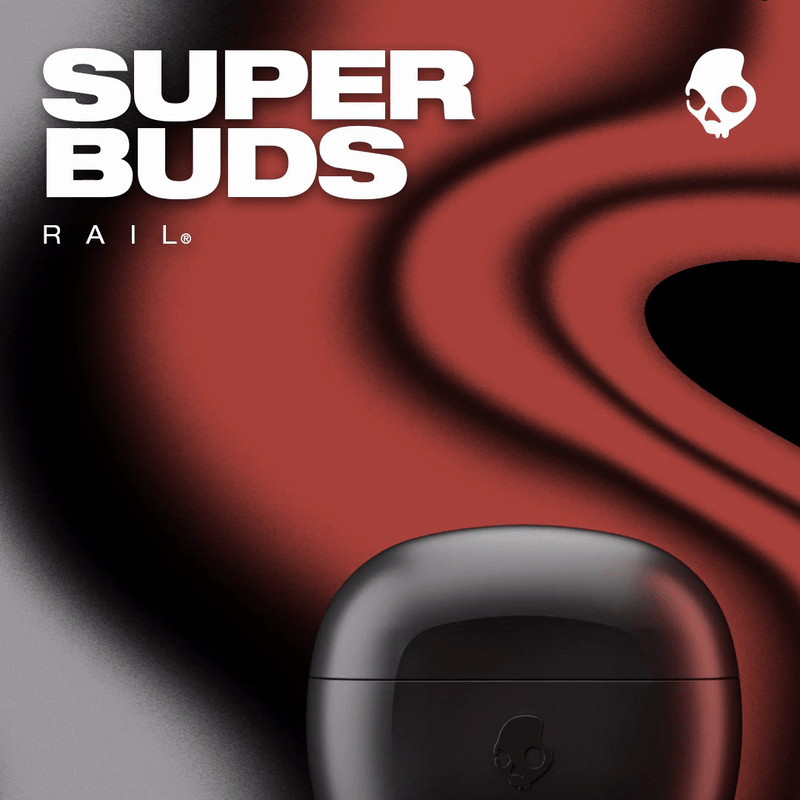 Close-up of a sleek, black wireless earbud case with a skull logo, in front of a blurred red and black background with the text 'Super Buds.'