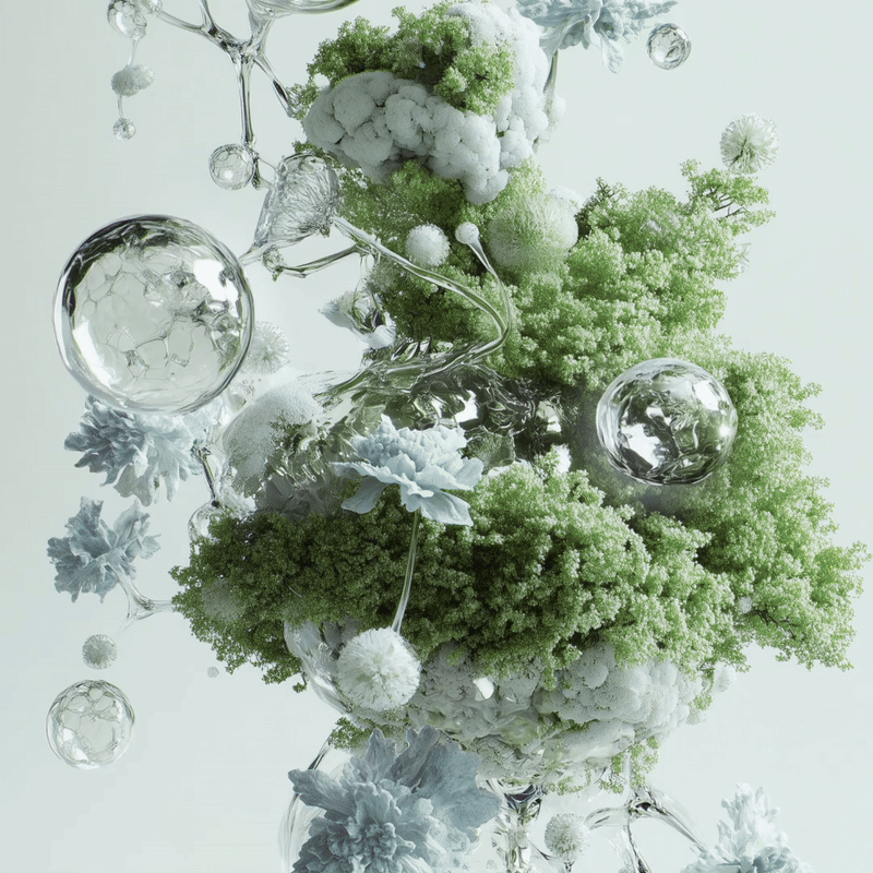 Abstract arrangement of green and white flowers with floating glass spheres and liquid elements.