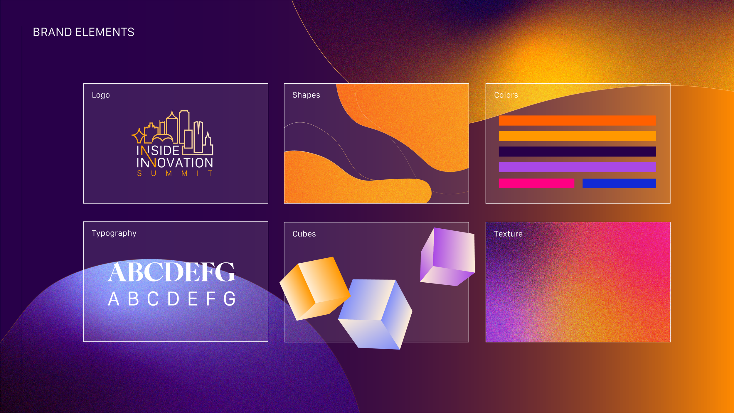 Infographic for Inside Innovation Summit displaying brand elements like logo, shapes, colors, typography, cubes, and texture on a dark gradient background.