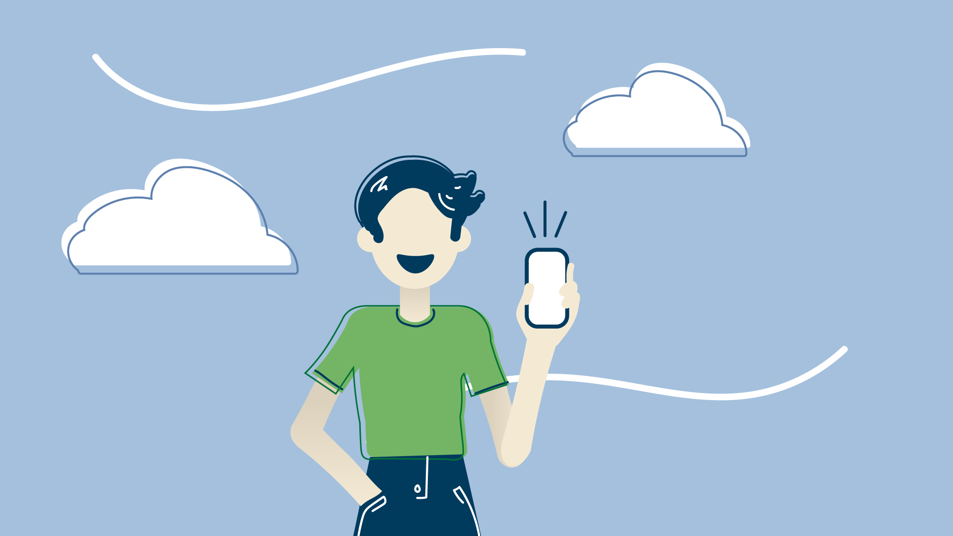 A person smiling and holding a smartphone outdoors with clouds in the blue sky.