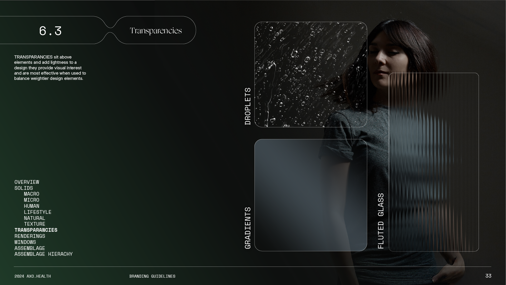 A woman with dark hair wearing a gray shirt stands next to graphical elements illustrating transparency concepts such as droplets, gradient, diffuse glass, and opacity, with descriptive text about transparaencies and design.