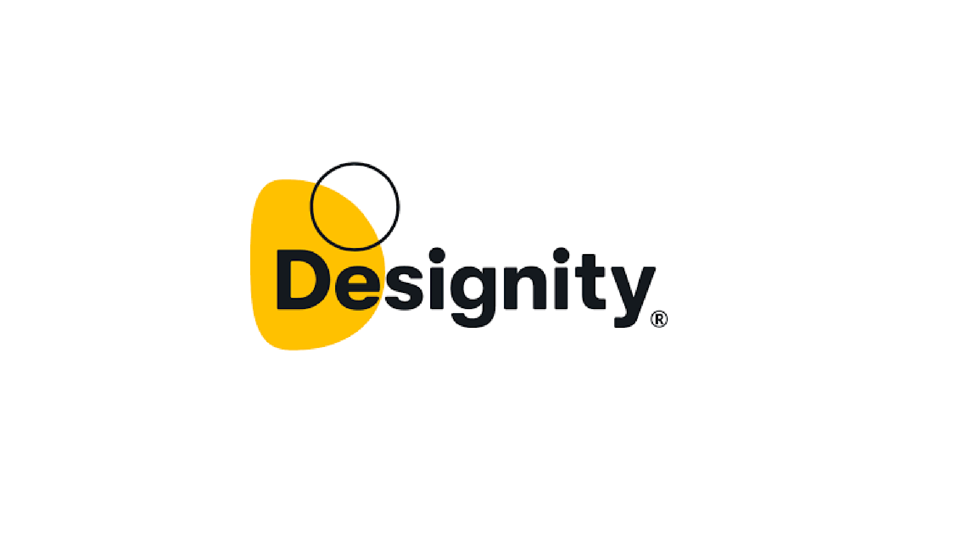 The logo features a yellow irregular shape, two black circles, and the text "Designity" in bold black letters.