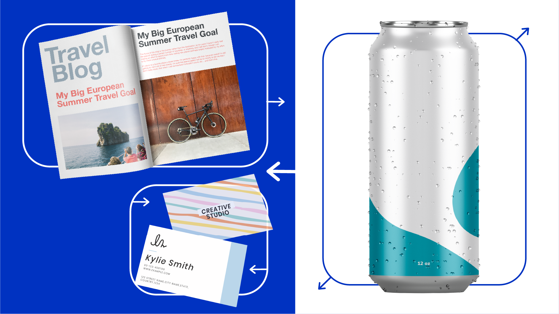 A digital infographic with a blue background shows three different objects with arrows pointing to a soda can on the right side. The objects include a travel blog magazine with a bike and a scenic ocean view, a colorful creative studio business card,